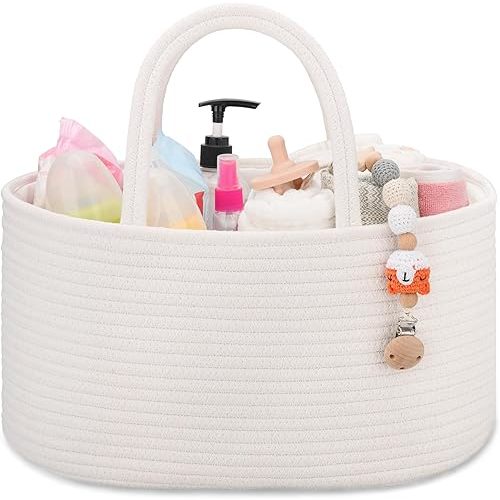 COMSE Baby Diaper Caddy Organizer, Rope Diaper Basket, Baby Car Organizer, Diaper Change Organizer, Gift Baskets Empty, Baby Shower Gifts Newborn Essentials Registry Must Have, White