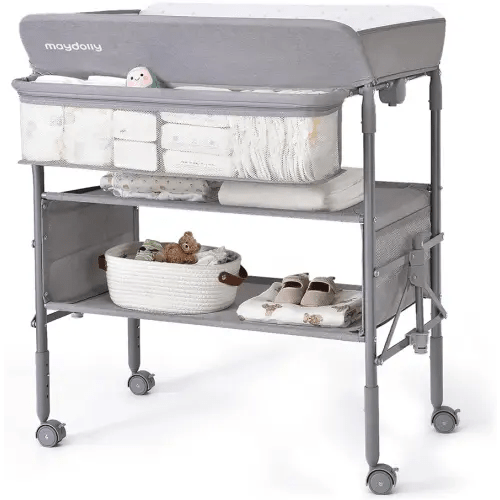 Maydolly Portable Baby Changing Table with Wheels, Foldable Changing Table, Waterproof Diaper Changing Station, Adjustable Height Changing Station, Mobile Nursery for Newborn and Infant (Grey)