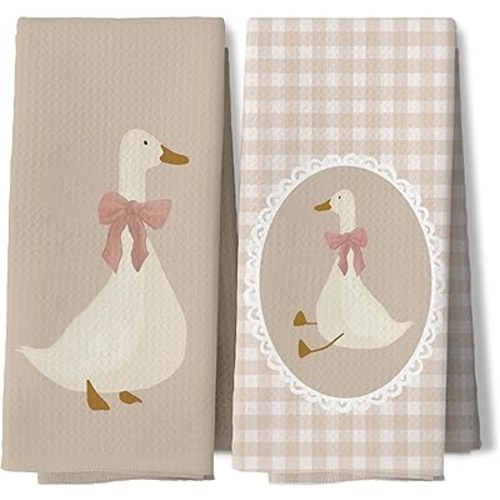 Coquette Pink Bow Goose Kids Hand Towels, Kids Bathroom Decor, Neutral Beige Gingham Checkered Goose Decorative Hand Tea Towels for Nursery Bathroom Washroom Restroom, 16x24 Inches Set of 2