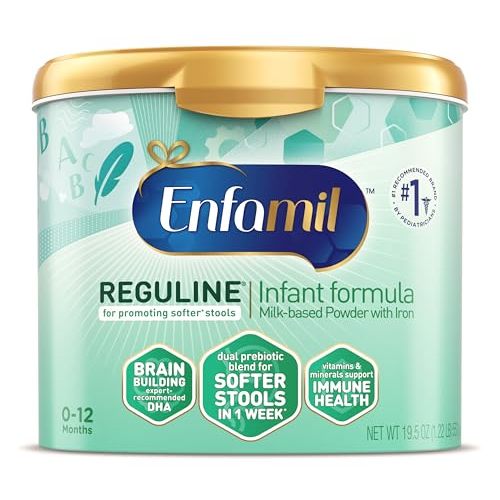 Enfamil Reguline Baby Formula, Milk-Based Infant Nutrition, Dual Prebiotics for Soft, Comfortable Stools within 1 Week of Use, Omega-3 DHA for Immune Support, Reusable Powder Tub, 19.5 Oz