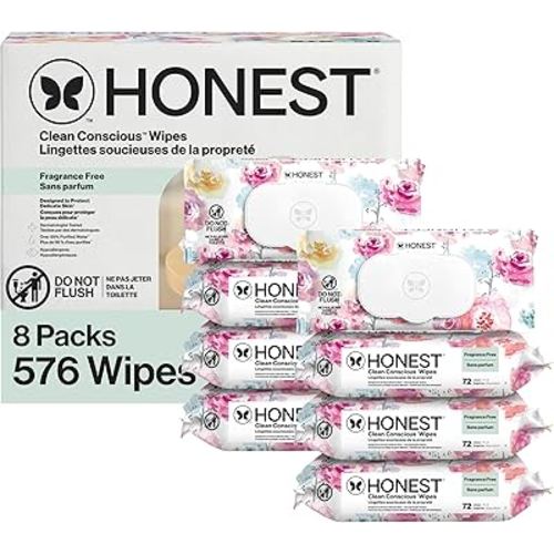 The Honest Company Baby Wipes for Sensitive Skin, Hypoallergenic, Fragrance-Free, Multi-Use, Rose Blossom Design, 576 Count (6 Packs of 96)