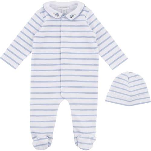 Stripe Footed Coverall & Hat Set, Blue - Miniclasix | Maisonette