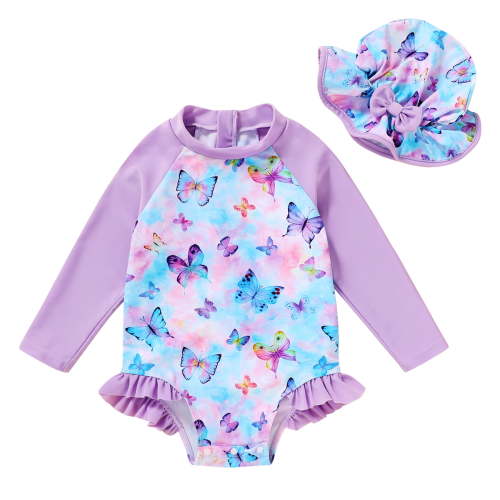 Younger Tree Baby Girl Swimsuit Long Sleeve Rash Guard One Piece Swimwear Hat Bathing Suit Set for 3-6 Months