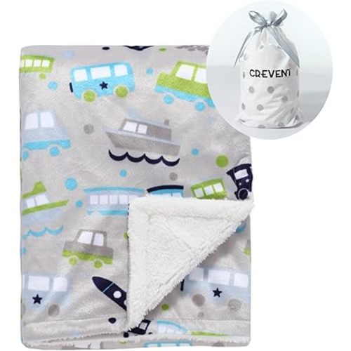CREVENT Minky Baby Blanket for Newborns, Soft Plush Receiving Blanket for Girls Boys, 30x40 Inches (Vehicle)