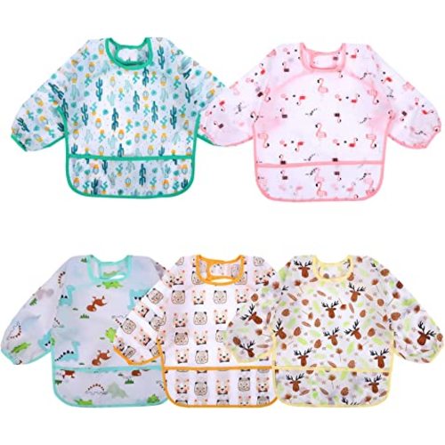 Accmor 5 Pack Long Sleeve Baby Bibs, Waterproof Sleeved Bib Smock for Baby Toddler 6-36 Months