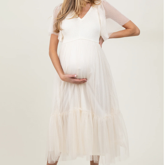 Beige Dotted Tulle Smocked Maternity Midi Dress – PinkBlush