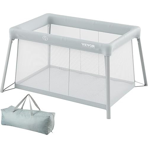 VEVOR Baby Travel Crib and Play Yard, Folding Baby Playpen with Soft Mattress Pad, Portable Toddlers Crib with Breathable Mesh and Travel Bag, Indoor/Outdoor Kid Activity Center for 0-36 Months Babies
