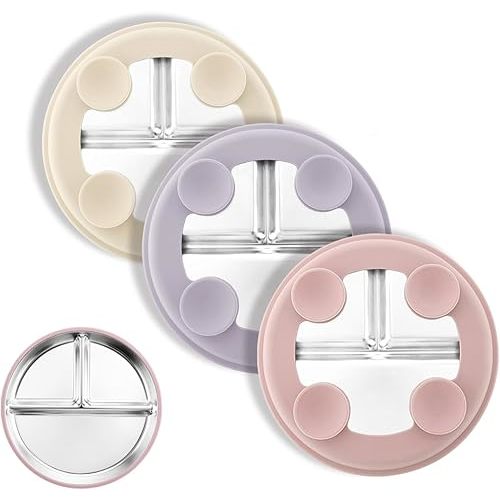 Stainless Steel Suction Plates for Toddlers, 8" Divided Kids Baby Plates with Removable Silicone Suction, Non Toxic Non Slip Portion Control Snack Dishes 3 Packs, Pink Beige Lilac