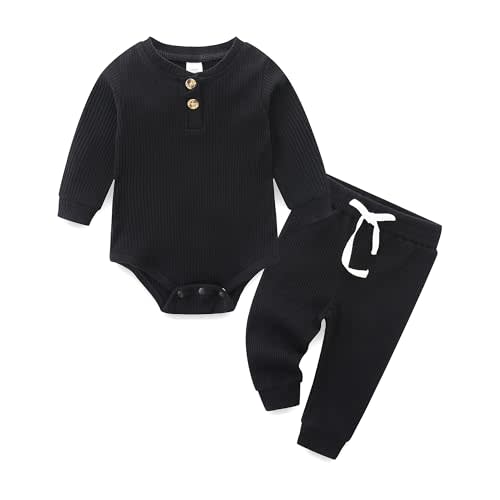 JingleBaBa Unisex Baby Outfits Long Sleeve Onesie Snug Ribbed Cotton Bodysuit Infant Solid Tops Pants 2PCS