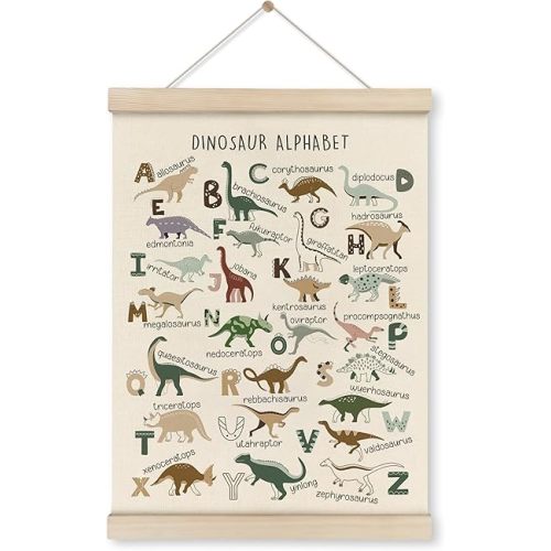 HRQKO Dinosaur Alphabet Poster Hanger Frame, Dinosaur Wall Decor, Nursery Wall Decor, ABC Poster Wall Art with Wooden Frames, Alphabet Banner Wall Hanging Decor for Boys Kids Room Playroom,12x16 Inch