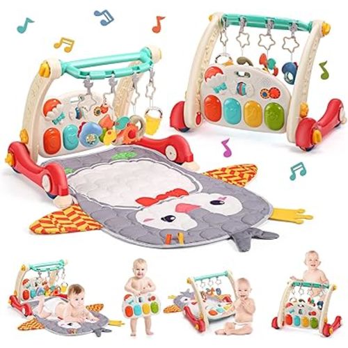 CUTE STONE Baby Gym Play Mat & Baby Learning Walker, Baby Activity Mat with Play Piano, Musical Activity Center with Lights, Baby Push Walkers & Tummy Time Mat for Infant Newborn Toddlers
