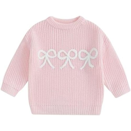 Toddler Baby Girl Sweater Bow Embroidery Warm Knitted Long Sleeves Pullover Infant Sweatshirt for Fall Winter