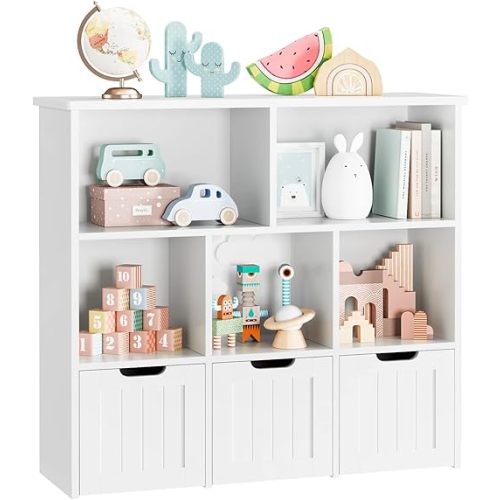 FOTOSOK Toy Storage Organizer with 3 Movable Drawers, Floor Storage Cabinet Toy Chest with Hidden Wheels and 5 Storage Cubbies, Multifunctional Storage Chest for Playroom, White