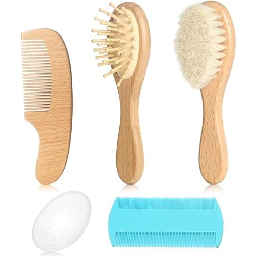 Baby Hair Care Kit, 5 in 1 Wooden Natural Goat Bristles Brush Cradle Cap Comb Baby Grooming Kit for Newborns Toddlers Boys Girls Gift