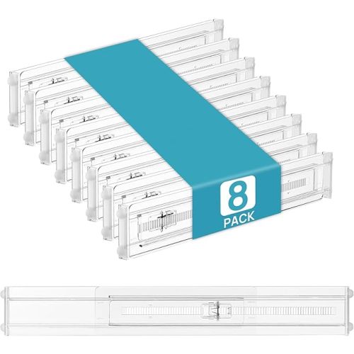 Vtopmart 8 Pack Shallow Drawer Dividers, 2.36" High 12.5"-20.8" Adjustable Expandable Kitchen Drawer Organizer, Clear Plastic Organizer Separators for Flatware, Utensil, Cutlery, Underwear, Clothes