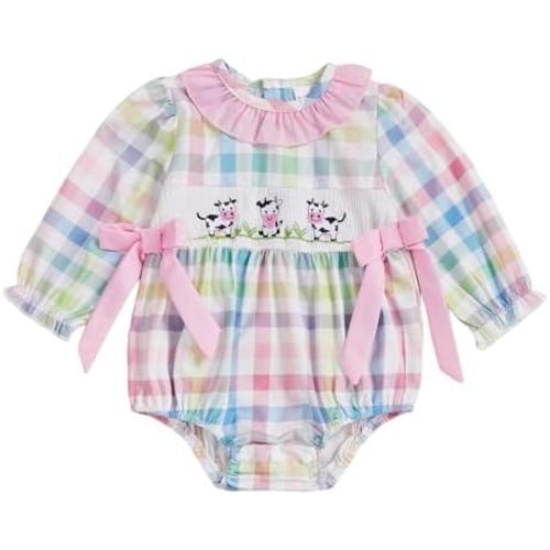Newborn Baby Girl Farm Outfit Cow Embroidery Smocked Bubble Romper Jumpsuit Long Sleeve Plaid Clothes