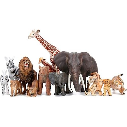 BOLZRA Safari Zoo Animals Figures Toys, 14 Piece Realistic Jungle Animal Figurines, African Wild Plastic Animals with Lion, Elephant, Giraffe Educational Learning Playset for Toddlers, Kids, Children