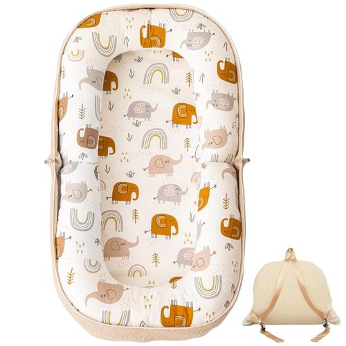 Baby Lounger, Foldable Infant Nest Pillow with Soft Memory Foam Mat, Cover with Adorable Pattern, Converts to Backpack for Easy Travel, 0-12 Months, White