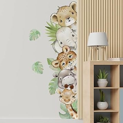 55.1 x 15.7 Inch Watercolor Jungle Animal Wall Decals Forest Animal Wall Sticker Elephant Tiger Giraffe Wall Decals for Kids Baby Nursery Playroom Bedroom Classroom Kindergarten Wall Decor