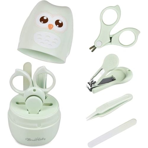 Baby Nail Kit, Baby Manicure Kit and Pedicure with Cute Owl Shape Case. Baby Nail Clipper, Scissor, Nail File & Tweezer for Newborn, Infant & Toddler, Mothers Day Gifts(Green)