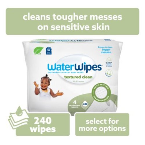 WaterWipes Textured Clean 99.9% Water Based Toddler & Baby Wipes, 4 Resealable Packs (240 Wipes)