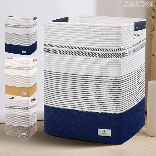 Large Laundry Basket - Tall Woven Rope Laundry Hamper with Leather Handles - Dirty Clothes hamper for Living room, Bedroom, 17.8" X 13.8" X 22", Dark Blue & White