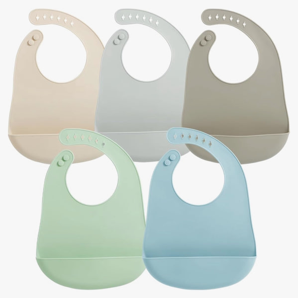 PandaEar 5 Pack Waterproof Silicone Baby Bibs| Super Thin Light Weight Feeding Bib with Food Catcher Pocket for Toddler