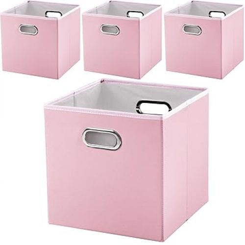 PRANDOM Leather Foldable Cube Storage Bins 11x11 inch [4-Pack] Fabric Storage Baskets Cubes Drawer with Cotton Handles Organizer for Shelves Nursery Closet Bedroom Clothes Pink