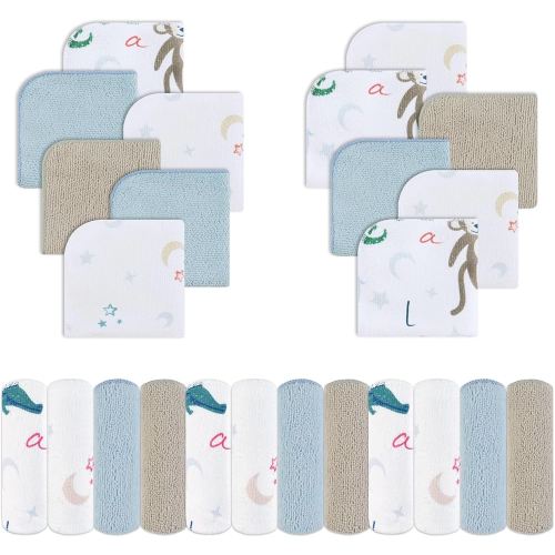 Viviland Lot de 24 débarbouillettes super douces pour la peau sensible de bébé, gants de toilette pour bébé garçon, serviette de bain pour nouveau-né et nourrisson, motif animal, 22,9 x 22,9 cm