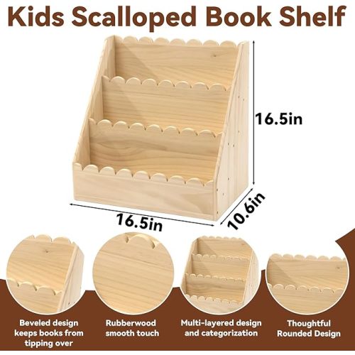 BALAPET Scalloped Book Shelf for Kids, 3-Tier Wooden Bookshelf Perfect Height for 1-5 Years Toddler, Durable Bookcase Book Organizer for Nursery Room(Wooden,16.5 * 16.5 * 10.6in)
