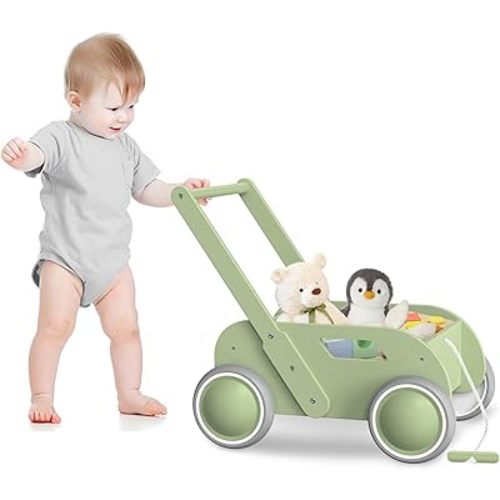Wooden Baby Walker for Infants to Toddler, Baby Push Walker with Wheels for Boys Girls, Toys Gift for Birthday Christmas New Year, Wooden Green