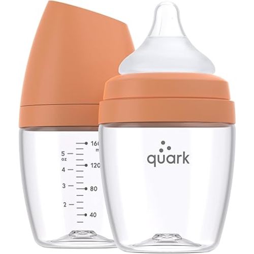 BuubiBottle Mini Slow Flow Bottle for Newborn Babies by Quark - with Anti-Colic RealFeel Nipple to Simulate Breastfeeding - BPA-Free, PVC-Free, Toxin-Free - 5 Oz Bottle with Lid, 2 Pack - Orange