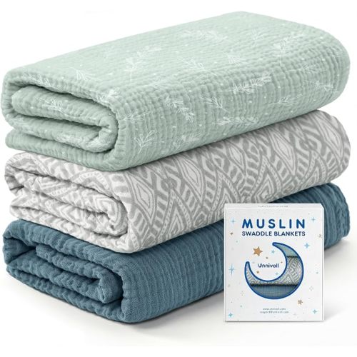 Unnivoll Muslin Swaddle Blankets for Newborns, 100% Cotton Receiving Blankets, Large 38 x 40 inches Baby Swaddle Blanket for Baby Boys and Girls, Soft Breathable Infant Baby Essentials 3 Pack Blue