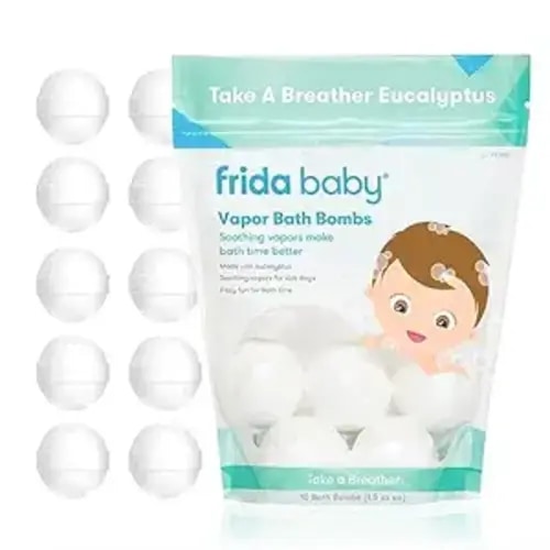 Frida Baby Natural Vapor Bath Bombs for Toddlers & Kids, Eucalyptus Essential Oil Shower Bombs for Aromatherapy, 10 Count - 10 Count (Pack of 1) - Vapor Bath Bombs 10ct