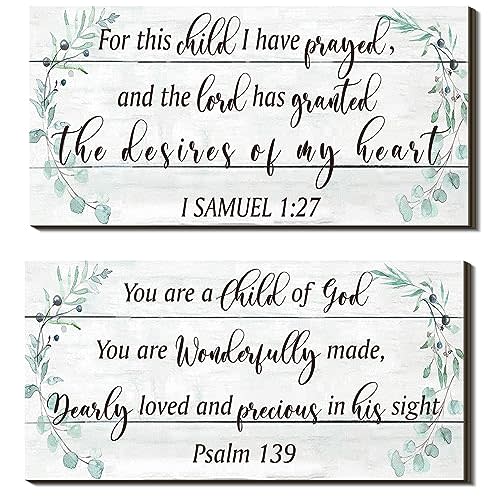 2 Pcs Wood Nursery Wall Decor for Girls Boys Baby Girl Room Decor for Nursery Christian Nursery Wall Art This Child I Have Prayed Bible Quote Wall Hanging Sign for Kids Home 12 x 6 Inch (Greenery)
