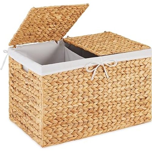 Best Choice Products Wicker Storage Basket W/ 2 Separate Lids, Rattan Woven 17.2 Gallon (65L) Basket, Foldable, Removable Washable Liner Bags for Toys, Linens, Blankets, & Laundry - Natural
