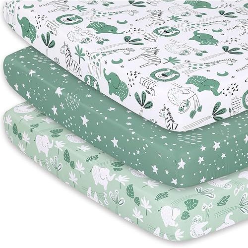 The Peanutshell 3-Pack Fitted Playard Sheets - Soft & Breathable Baby Boy or Girl Mini Crib Sheets, Pack N Play Mattress, Fits Standard Playard Pack Play Mattresses - Green Safari