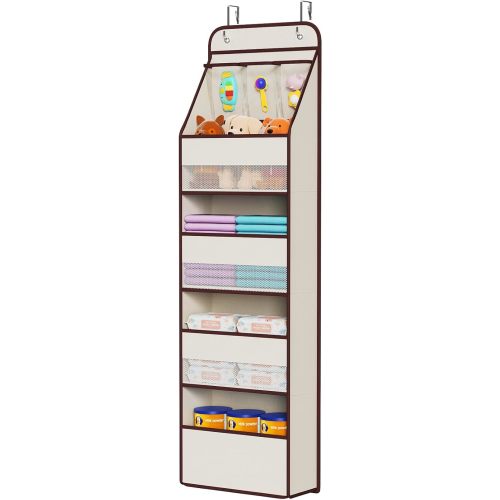 Univivi 5-Shelf Fabric Door Storage Over Door Hanging Organizer with 4 Large Pockets and 3 Small PVC Pockets Nursery Closet Cabinet Wall Mount Hanging Storage Organizers for Baby Nursery (Beige)