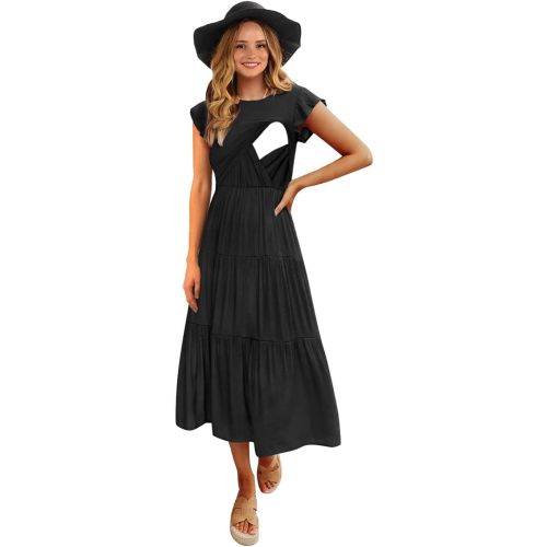 Womens Flutter Short Sleeve Smocked Tiered Nursing Dress for Breastfeeding