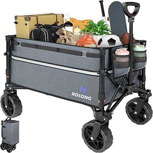 ROSONG Collapsible Wagon Cart with Wheels Foldable - Folding Utility Heavy Duty Wagons Carts for Grocery Sports Garden Shopping Camping Grey