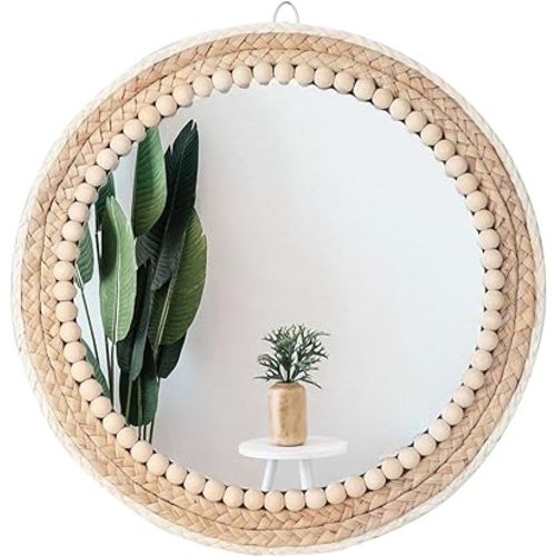 Poeme Boho Wall Mounted Round Mirror - 15 Inch Circle Rattan Decorative Hanging Mirror for Bedroom, Living Room & Bathroom