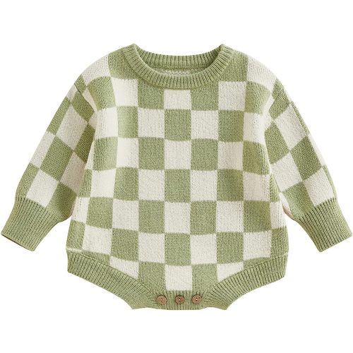 SAYOO Unisex Baby Girl Boy Checkerboard Clothes Plaid Knitted Bubble Romper One Piece Sweater Bodysuit Jumpsuit Clothes