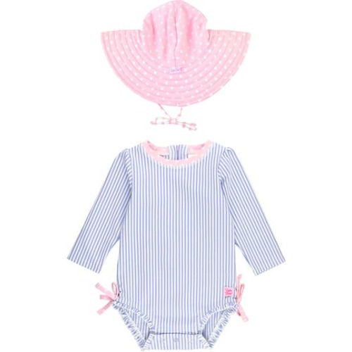 Seersucker One-Piece Rashguard Swimsuit & Hat Set, 3-6M