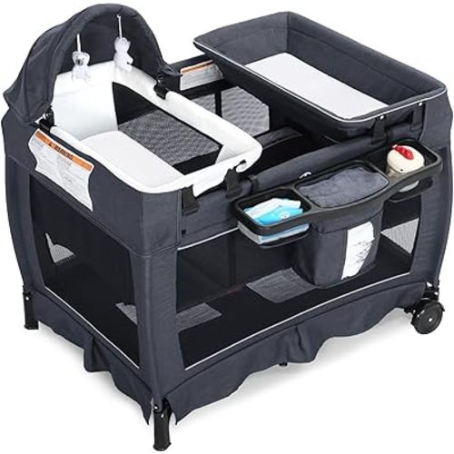 4 in 1 Multifunctional Pack and Play, Foldable Baby Playards with Changing Table & Breathable Mesh, Baby Playpen for Babies and Toddlers, Grey