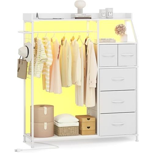 2-in-1 Dresser with Hanging Rack, 5 Drawers Dresser for Bedroom, White Drawer Dressers with Hooks for Bedroom, Living Room, Entryway, Closets (White)