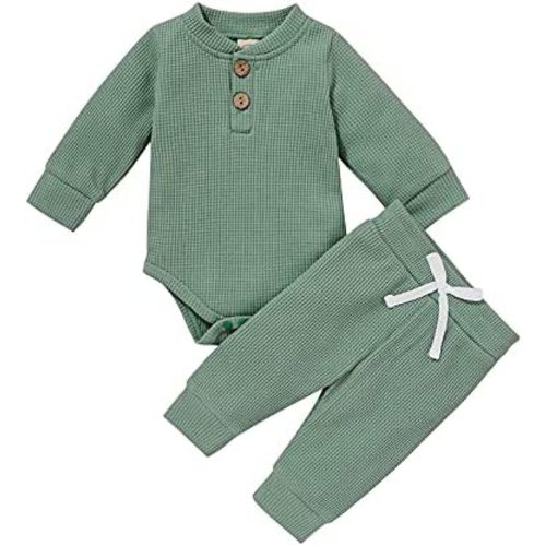 Newborn Baby Boy Girl Clothes Ribbed Knitted Cotton Long Sleeve Romper Long Pants Solid Color Fall Winter Outfits