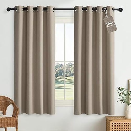 NICETOWN Linen 100% Blackout Curtains 63 inches Long for Bedroom, 2 Panels, Crisp Structured Faux Linen Full Light Blocking Drapes, Keeping Out Cold Air Thermal Insulated Shields, W52 x L63, Taupe