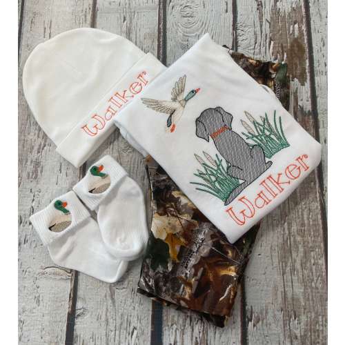 Baby Boy Monogrammed Camo Duck Hunter Dog Bodysuit Baby Boy Personalized Duck Hunting Shirt Baby Boy Hunting Dog Outfit Duck Camo Outfit