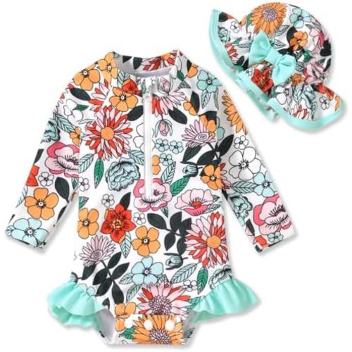 Aalizzwell Baby Girls Long Sleeve One Piece Swimsuit with Hat