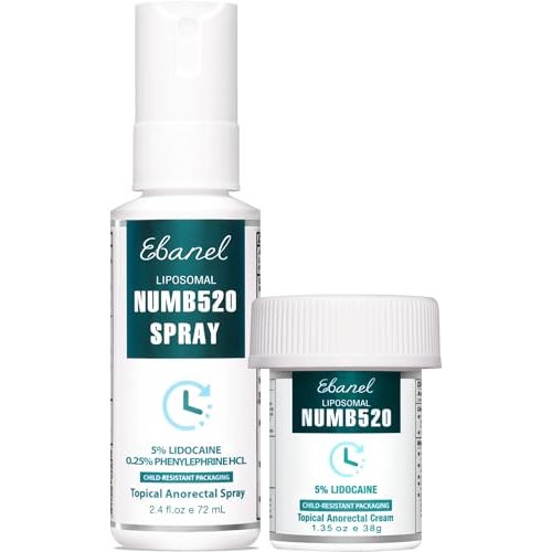 Ebanel Set of 5% Lidocaine Numbing Cream and 5% Lidocaine Spray Pain Relief Numbing Spray for Skin, Maximum Strength Topical Anesthetic to Numb Pain Burn Itch for Local and Anorectal Uses